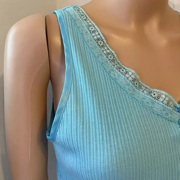 VTG Vanity Fair Fairy Cami Tank Top Size L Light Blue Babydoll Lace & Satin Trim - Picture 6 of 8
